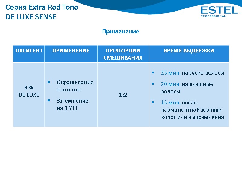 Серия Extra Red Tone DE LUXE SENSE Применение